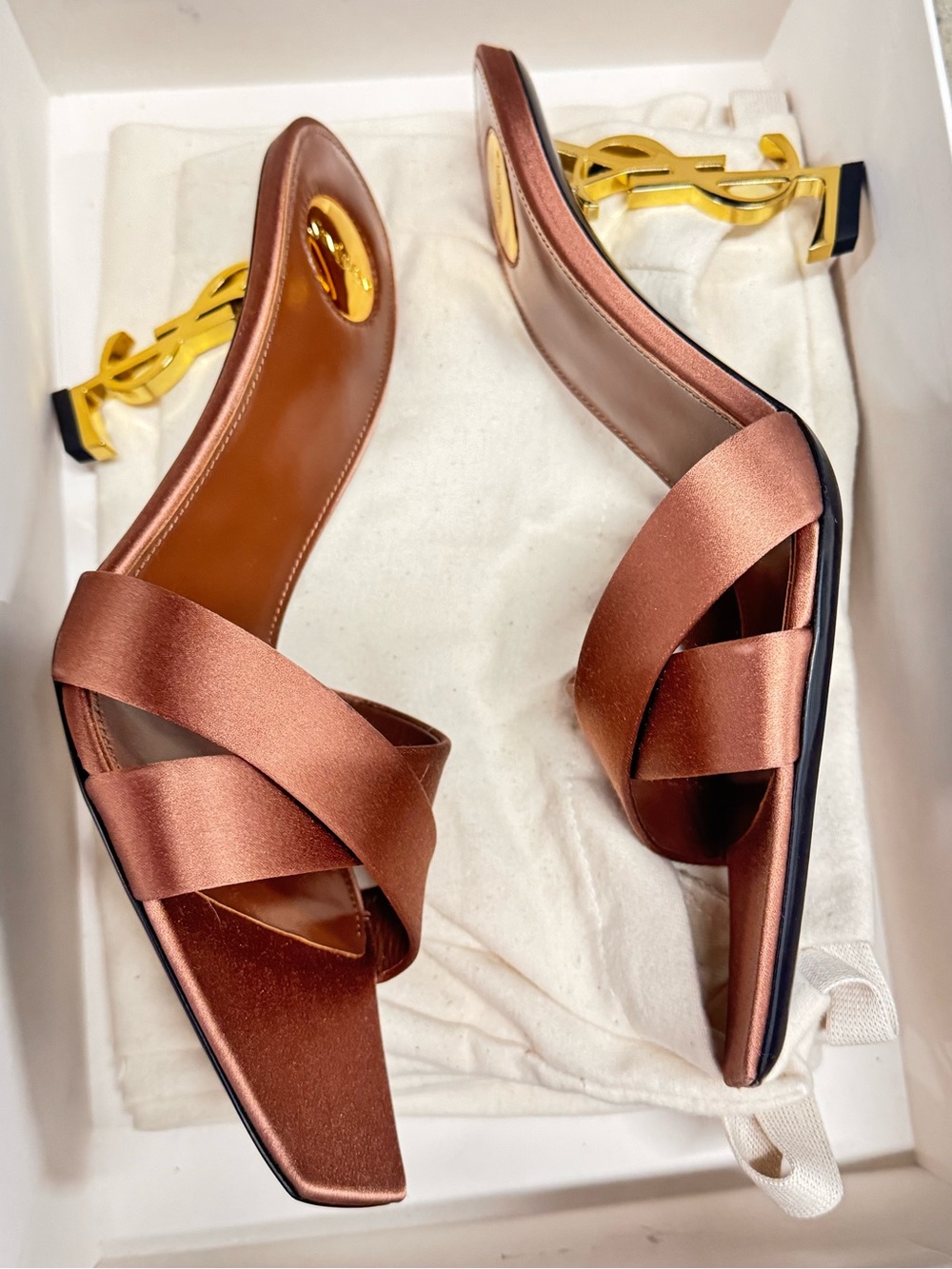 NIB Saint Laurent Opyum 85 Satin YSL Logo Heel Sandals Brown Size 38